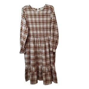 Terra & Sky Womens Plus 1X(16/18W) Tan Plaid Tiered‎ Cottage Core Midi Dress NEW